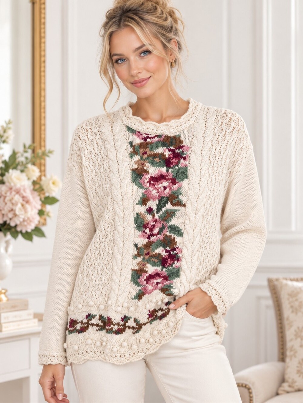 Rachel Max Vintage Floral Ramie Cotton Cable Knit Sweater Medium
